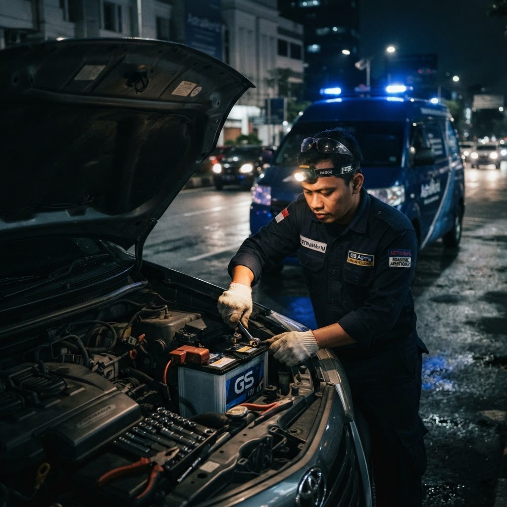 Teknisi Akionline24jam memasang aki mobil di malam hari di Banjarbaru